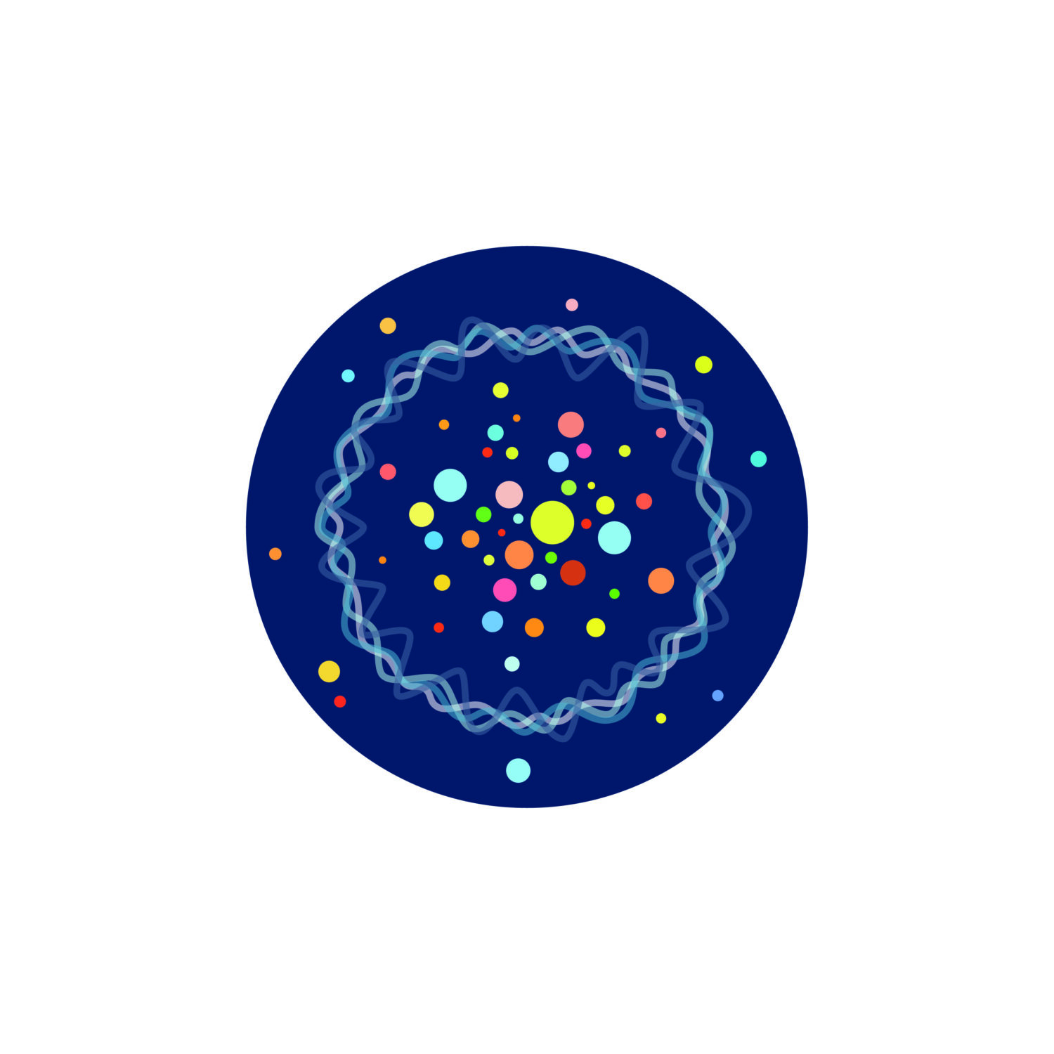 A cell0like drawing with a dark blue background and colourful dots inside.