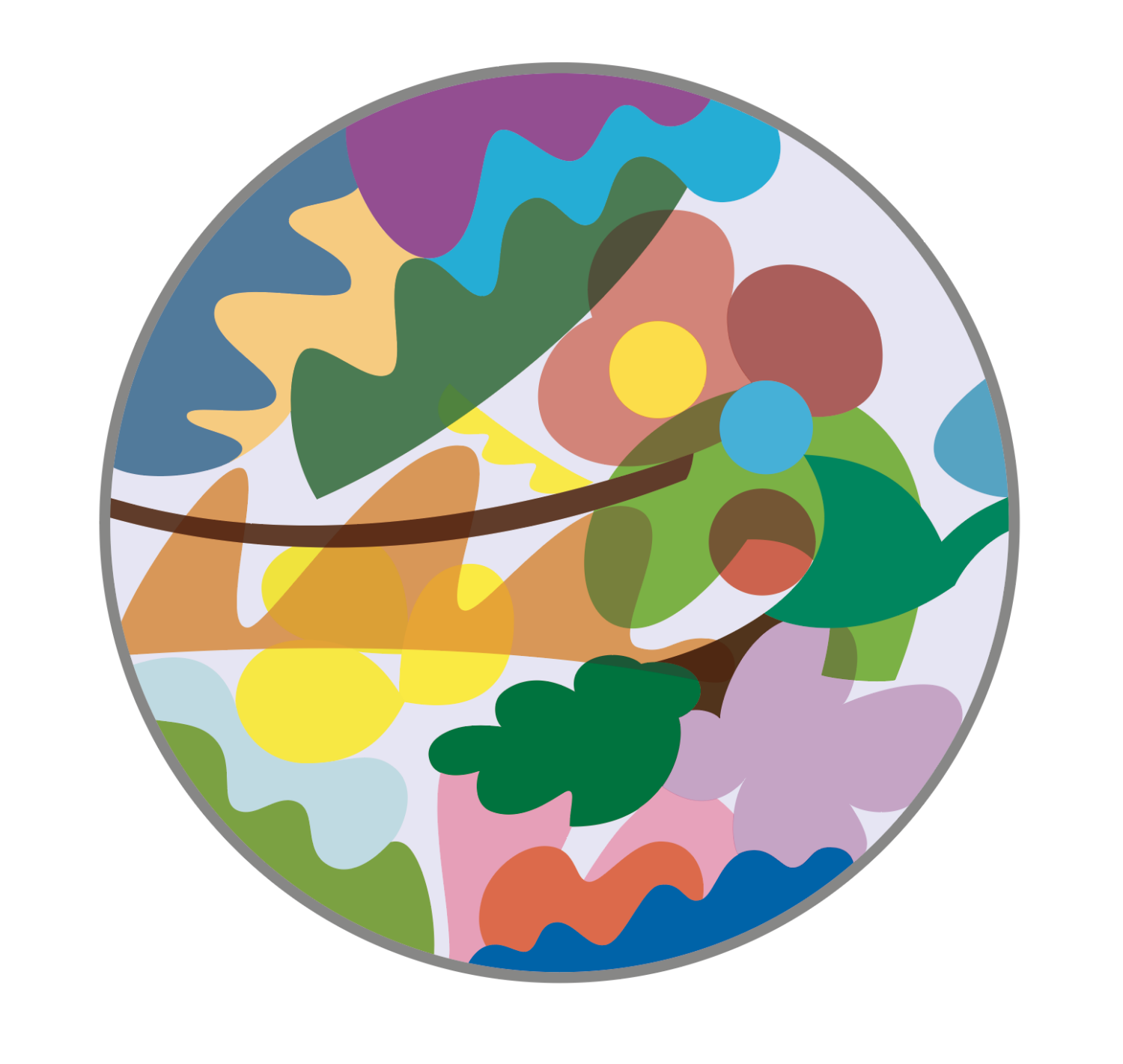 a colourful circle with abstract leaf and flower-like patterns within it.