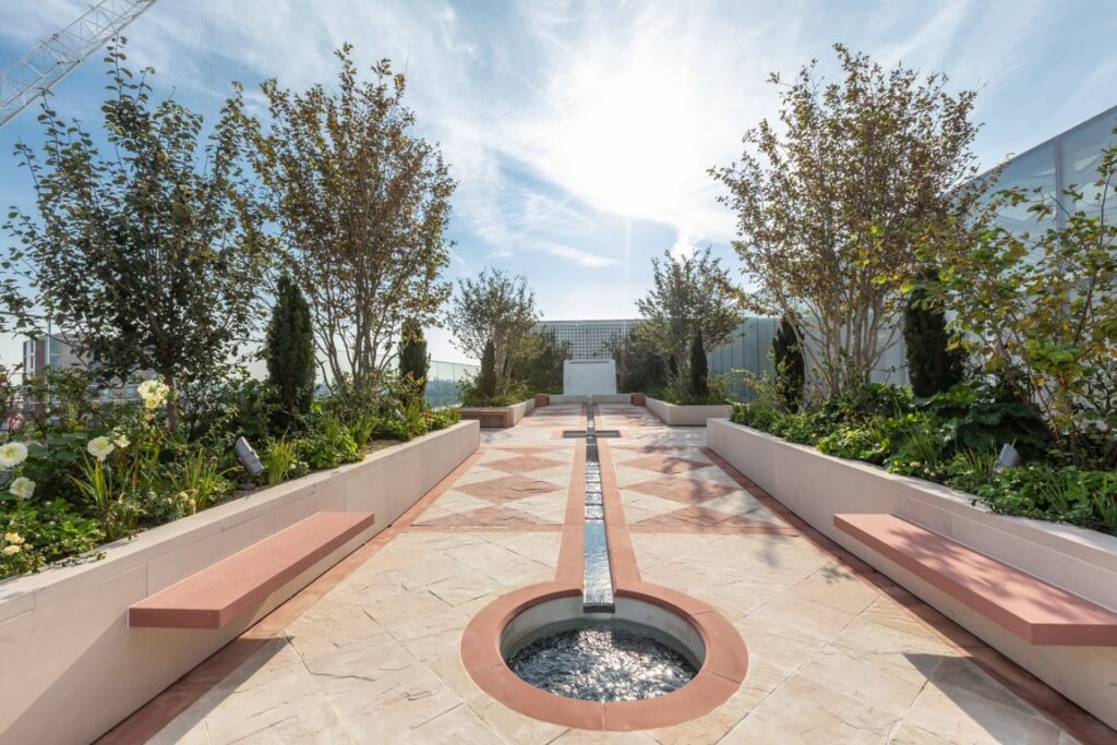 an Islamic garden at the Aga Khan Centre with Indian influences