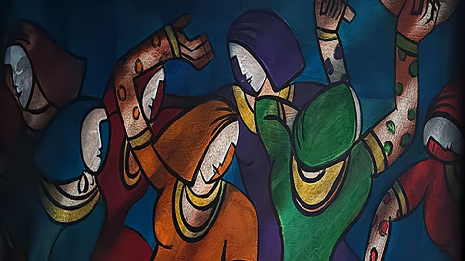 A stylised painting of people dancing wearing different colours.